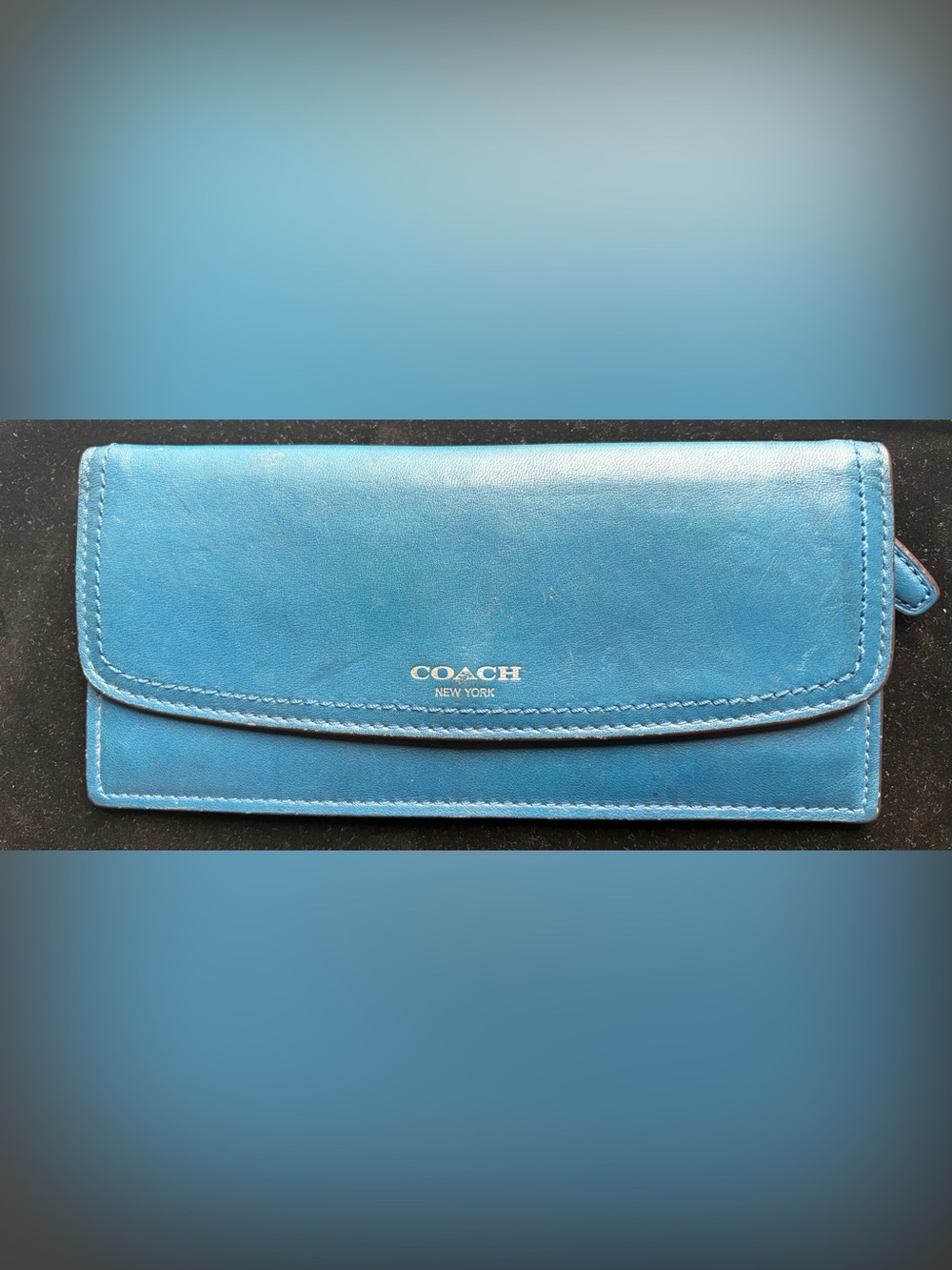 Coach Teal Smooth Leather Slim Envelope Wallet Silver Logo Tan Interior Preowned